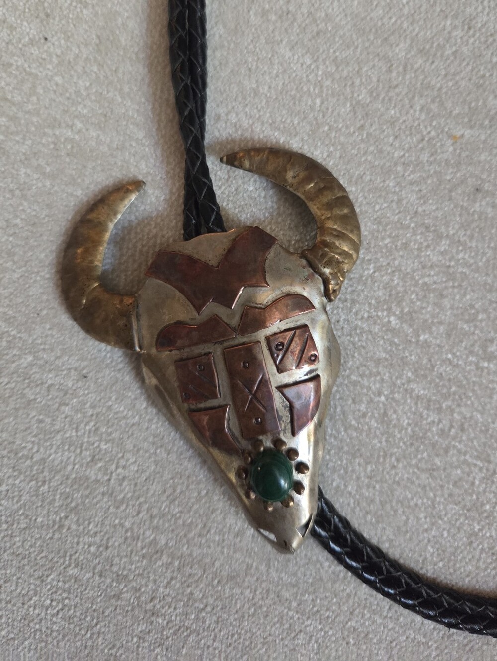 Southwestern Horned Steer Head Bolo / Copper Detail & Jade Cabachan